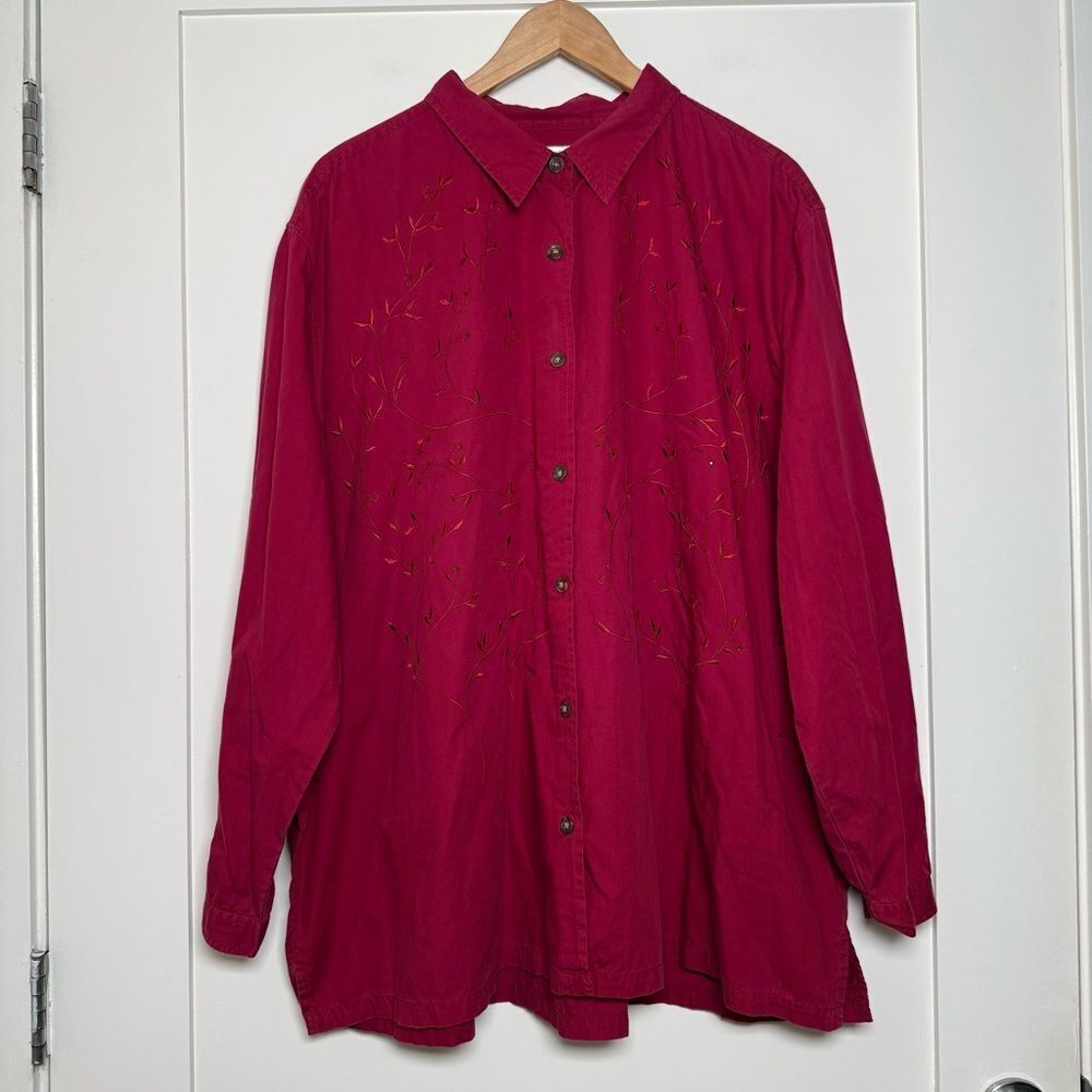 VTG Bobbie Brooks Shirt Womens Sz 26W W Burgundy Button Up Embroidered Mature